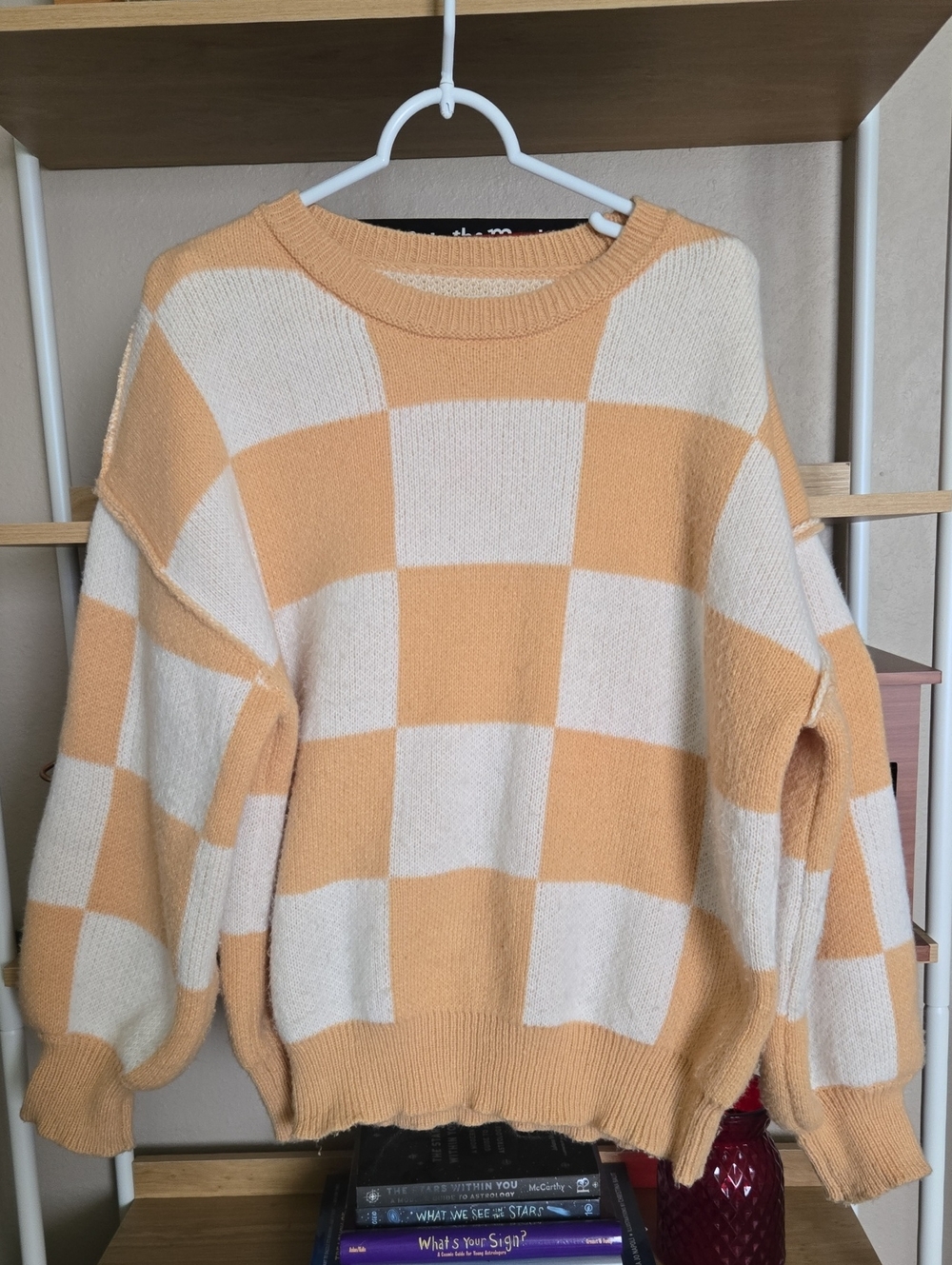 Women's Muted Orange & White Checkerboard Knit Crewneck Cozy Sweater Sz Large